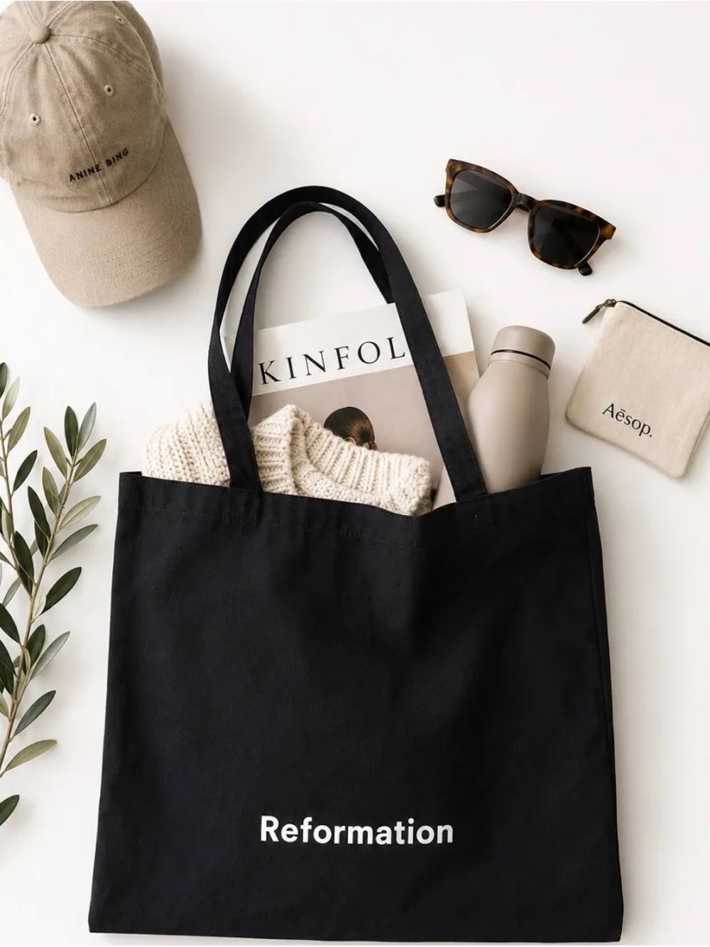 Reformation Black Canvas Tote with White Logo